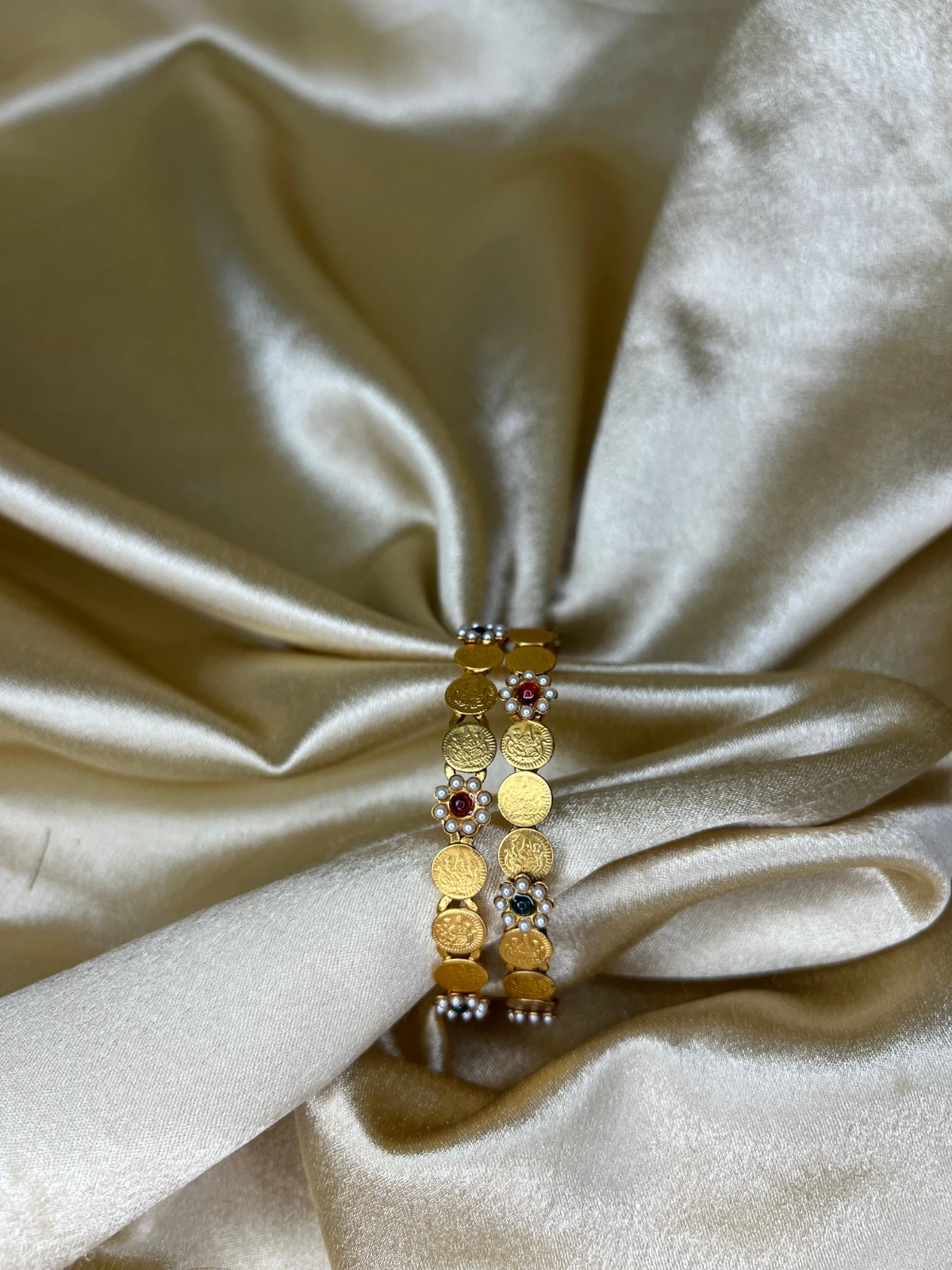 Designer Side Bangles — Kashu with Pearl Flower Set of 2